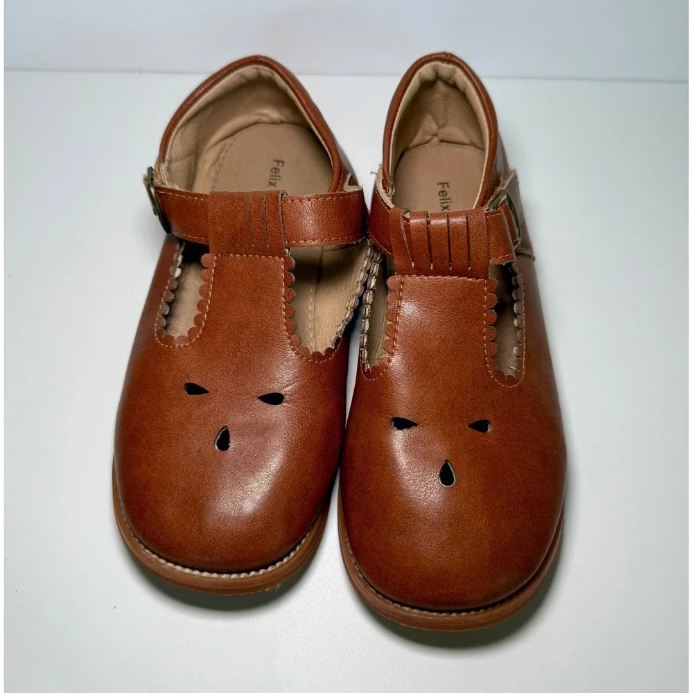 Felix & Flora Brown Leather Mary Jane T Strap‎ Shoes Kids Size 13 Toddler Buckle